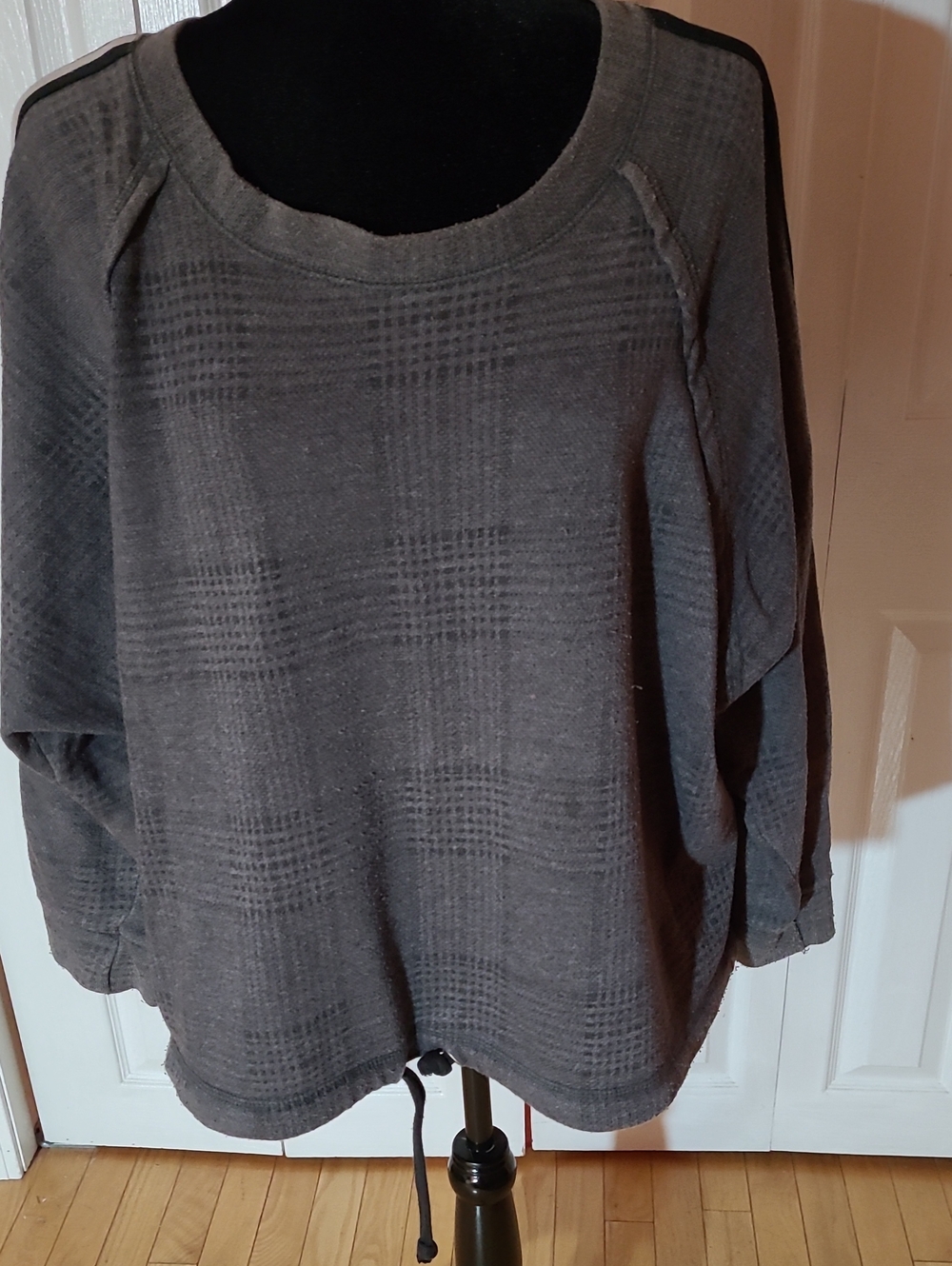 Women's Charcoal Plaid Crewneck Sweater, With Blzck And White Strips